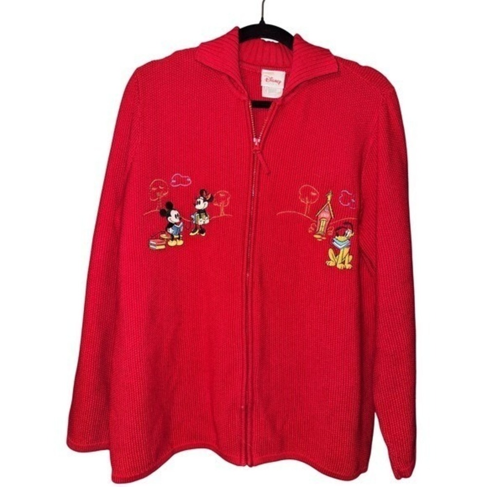 Vtg The Disney Store Cardigan Womens L Red Back to School Mickey Minnie Pluto